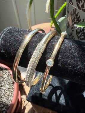 Anne Klein Gold Tone and Crystal Three Bangle Bracelet Set